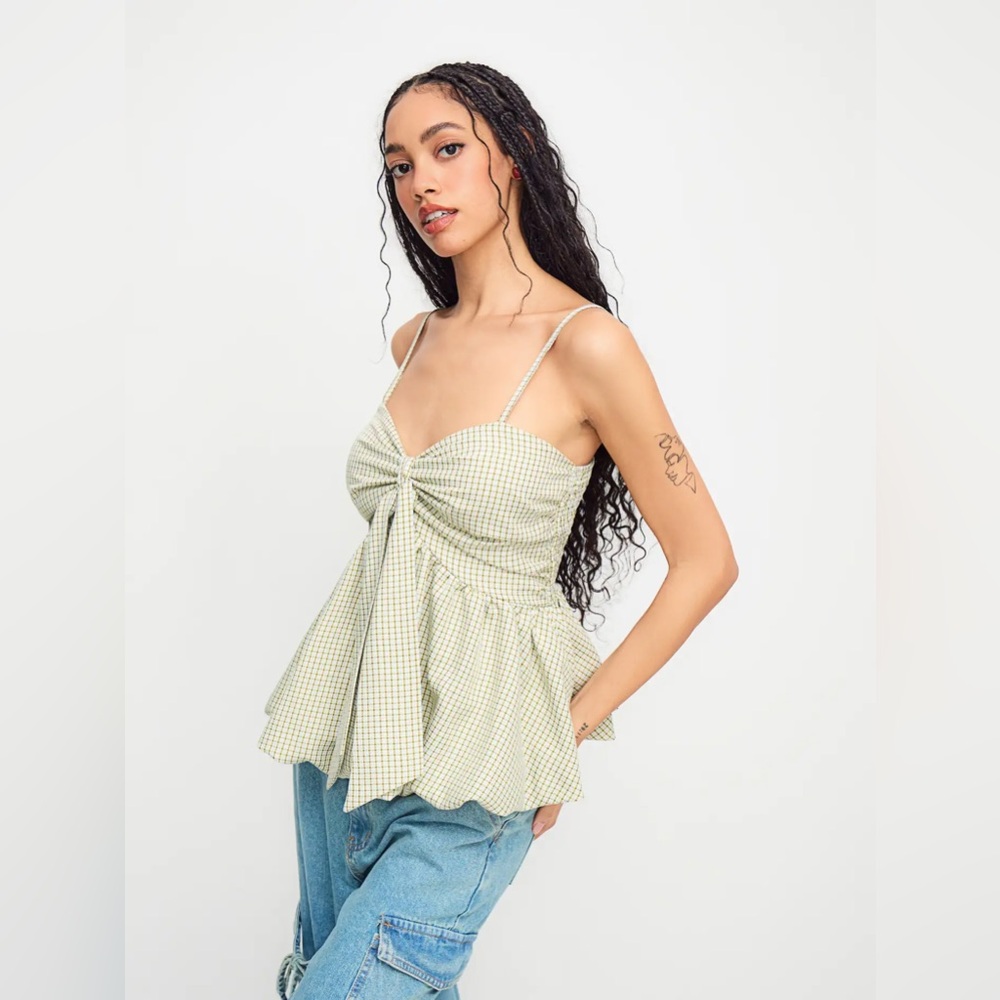 Cider Green Checkered Peplum Blouse